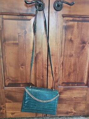 Dark Green Croc-Embossed Crossbody Bag with Gold Chain